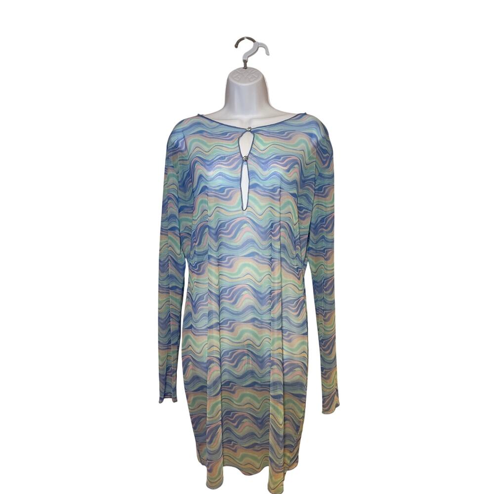 ASOS Design Mesh Mini Dress Tunic Blue Pastel Wave Print Long Sleeve US 18